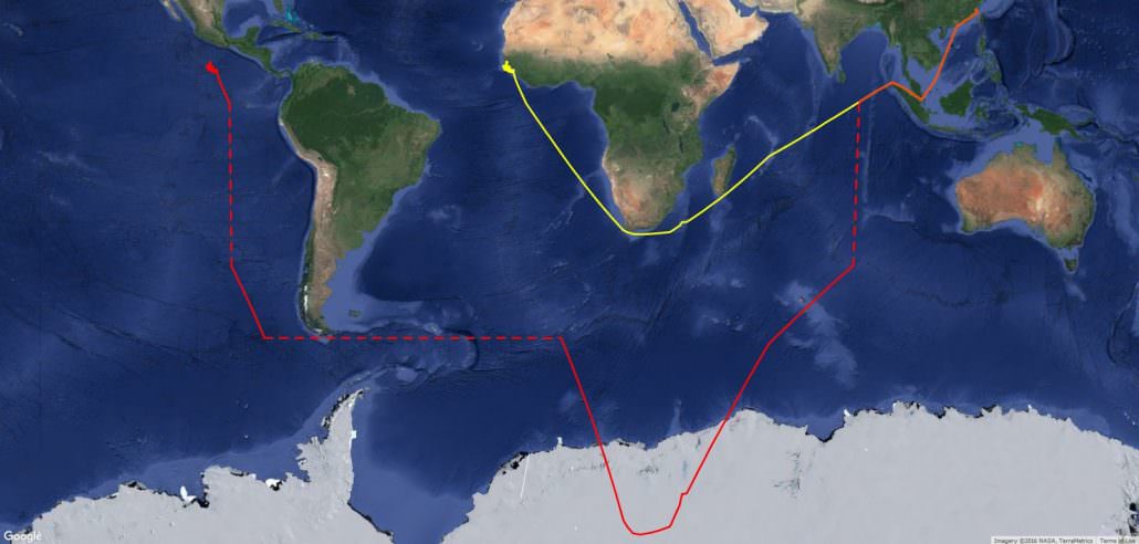 The red track shows the broadcast position of the Fu Yuan Yu 359. The dashed lines indicate instantaneous changes in latitude and longitude that put the vessel off the coast of Mexico. The yellow track shows our reconstruction of their true position as they transited from the Chinese coast to fishing grounds off West Africa.