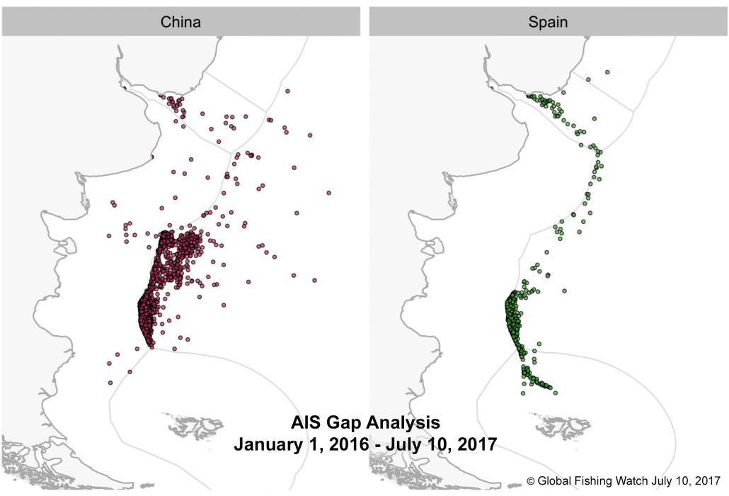 In the comparison above, we see differences in behavior between Chinese vessels and Spanish vessels which 