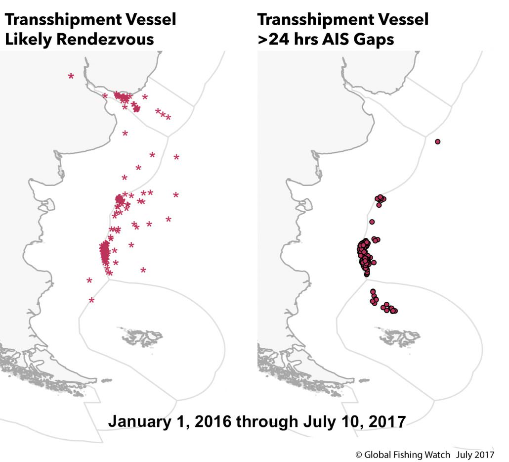 In the images above, we see three primary pockets of likely transshipment (when a fishing vessel has an encounter with a reefer) [Left]. Two just outside the Argentine EEZ where we see AIS gaps for both Spanish and Chinese vessels (as well as Taiwanese and South Korean) and one within the Malvinas EEZ where we only see Spanish vessels. On the right, we see gaps in reefer coverage of more than 24 hours.