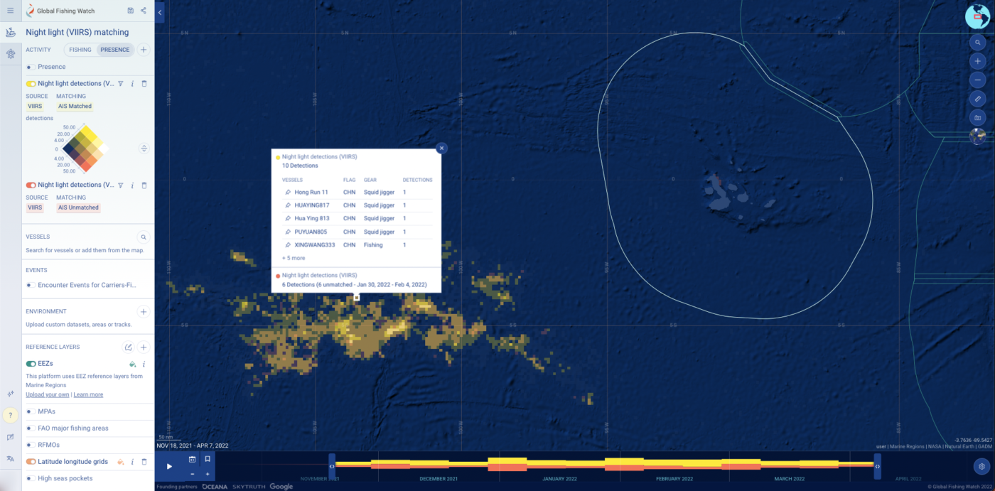 Night light vessel detections (VIIRS) matching around Galapagos showing vessel identities