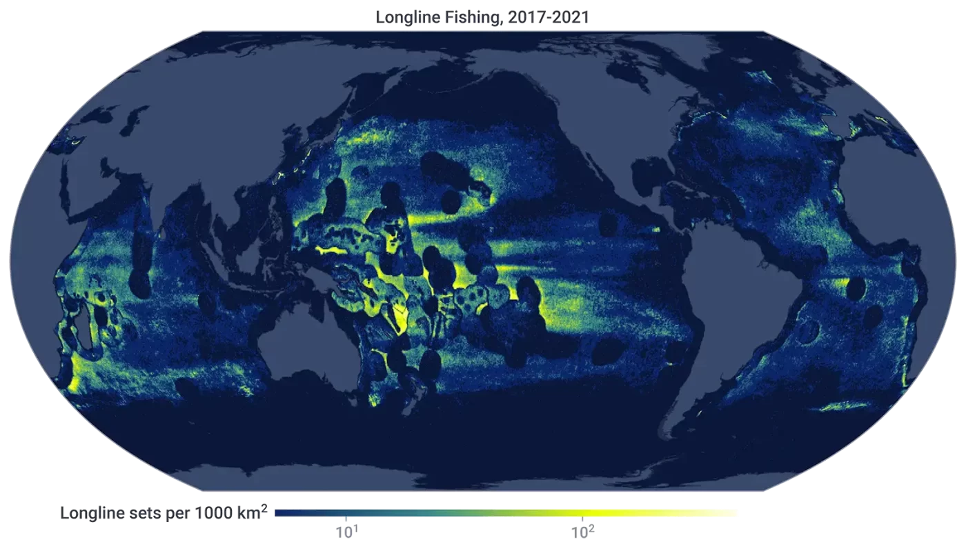 Global distribution of longline fishing activity from 2017 through 2021. 