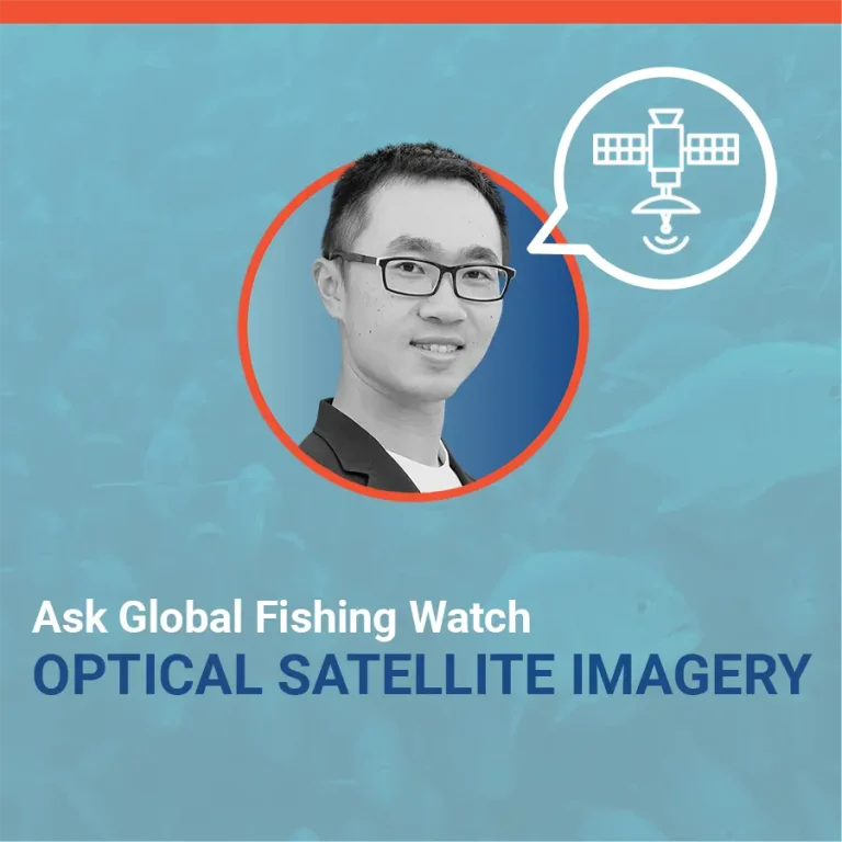 A man in glasses is pictured inside a circular frame with a satellite icon above him. The text reads, Ask Global Fishing Watch: OPTICAL SATELLITE IMAGERY on a blue background with faint fish silhouettes.