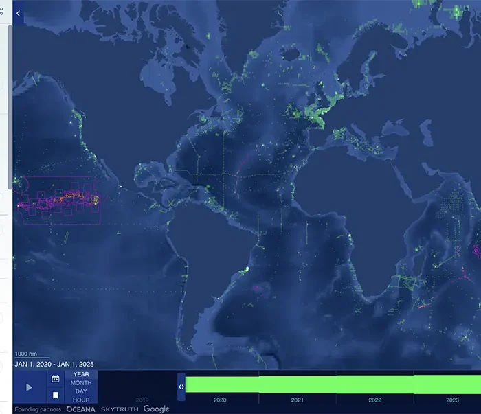 A digital world map displays ocean vessel activity, focusing on the Atlantic. Bright dots and lines indicate ship movements and detections. A sidebar on the left lists vessel presence, detection types, and data sources.