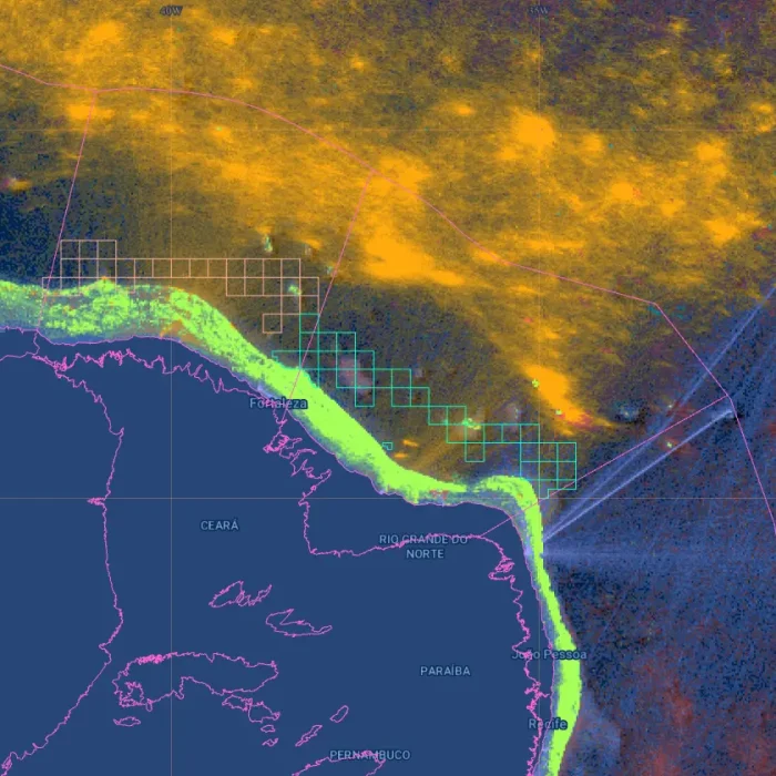 High-resolution satellite imagery reveals fishing activity along the West African coast from January 2012 to December 2025, with colored grids and glowing data points highlighting areas of high activity near the shoreline.