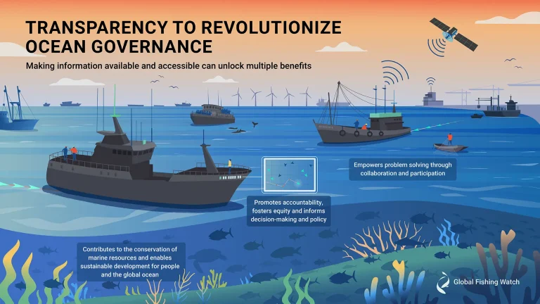 Illustration of various fishing vessels at sea, a satellite above, and marine life underwater. Text highlights how ocean transparency leads to improved policies, better collaboration, and effective marine resource conservation.