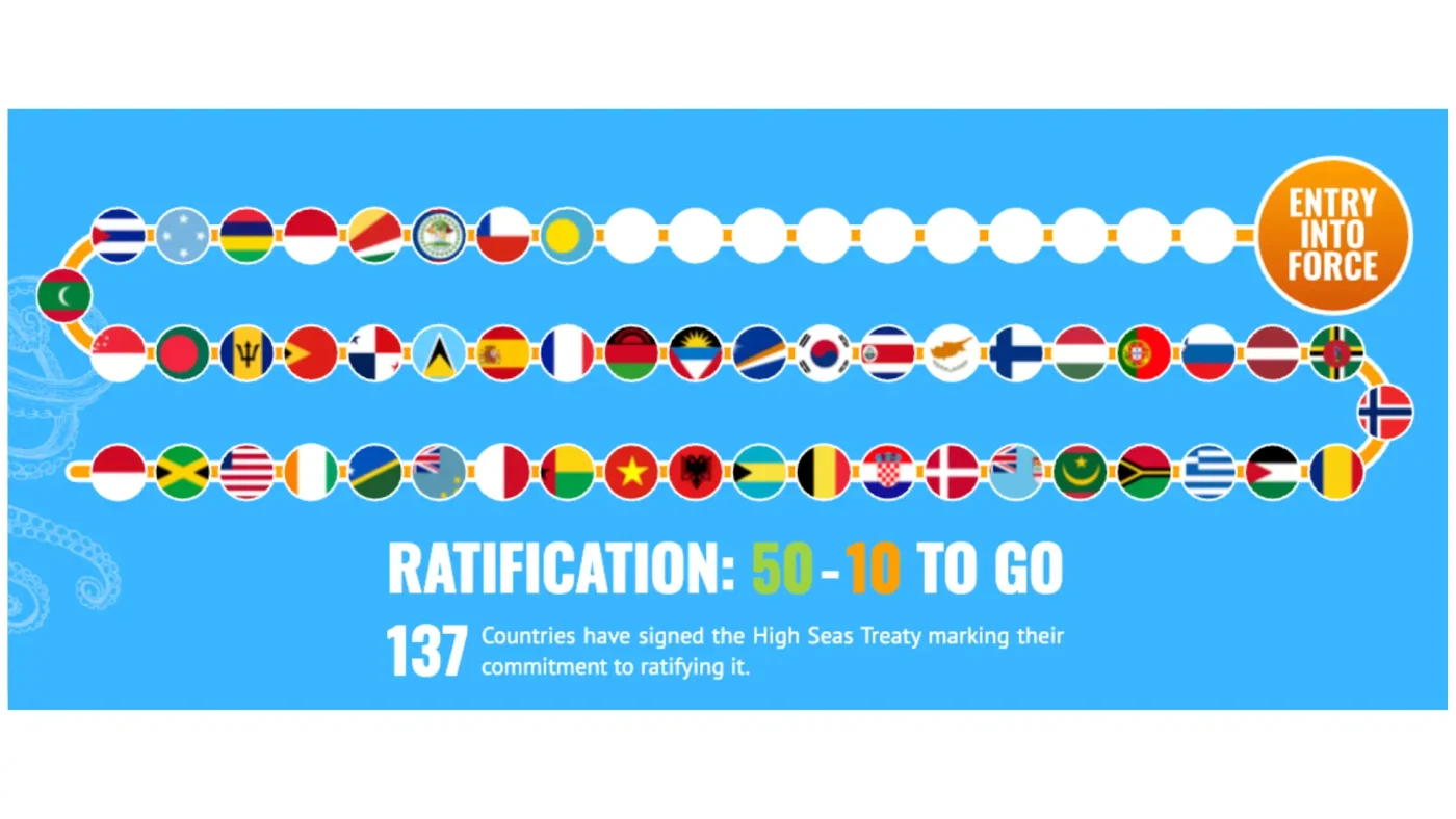 Un graphique montrant des rangées de drapeaux de pays représentant les signataires du traité ; 50 sont colorés pour indiquer la ratification, et 10 de plus sont nécessaires pour que le traité sur la haute mer entre en vigueur. Texte : "Ratification : 50 - 10 à venir. 137 pays ont signé".