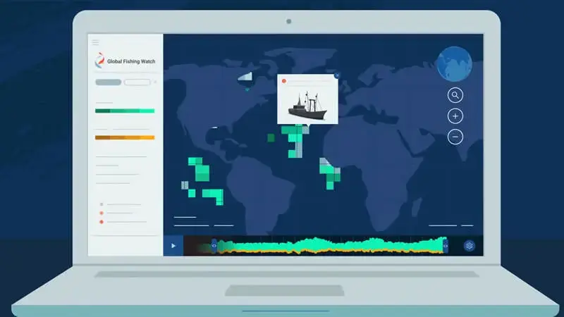 Illustration of the global fishing watch map on a laptop screen