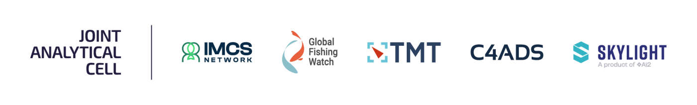 Logotipos de la Célula Analítica Conjunta y sus socios: IMCS Network, Global Fishing Watch, TMT, C4ADS y Skylight, uno junto al otro sobre fondo blanco.