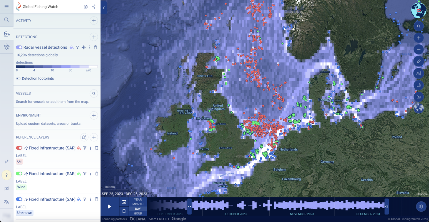 Map workspace showing SAR vessel and infrastructure detections around UK and Nothern Europe