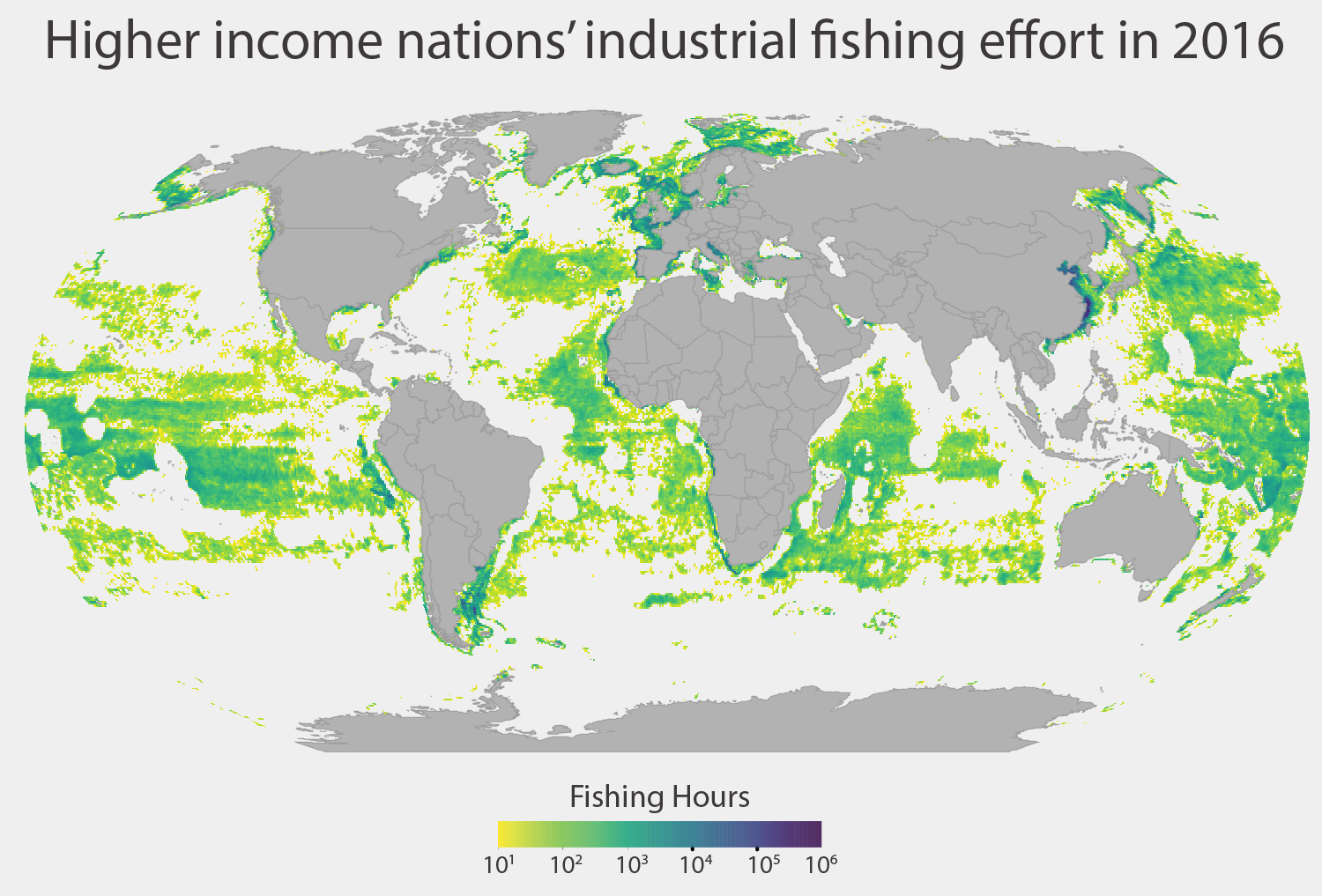 Density distribution of global industrial fishing effort, derived using AIS data. Wealthy countries dominate industrial fishing, Science Advances. August 1, 2018.