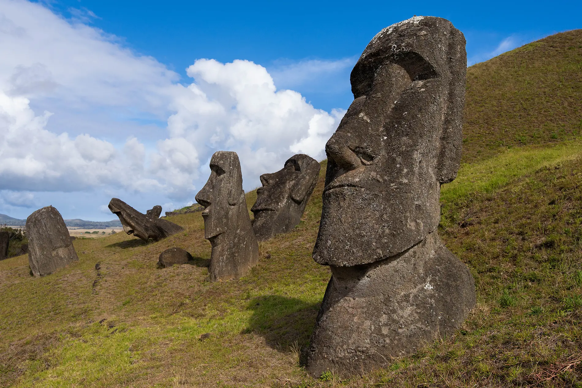Estatuas moai en las laderas cubiertas de hierba de la Isla de Pascua, Chile, con cielo azul y nubes al fondo. Las grandes figuras de piedra están parcialmente enterradas, mostrando rostros y torsos prominentes.