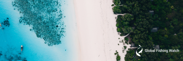 Aerial view of a coastline with turquoise water, coral reefs, white sandy beach, and dense green forest. The Global Fishing Watch logo is in the bottom right corner.