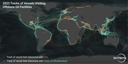 A world map showing 2023 vessel tracks visiting offshore oil facilities; orange lines indicate interactions with FxO, green lines with fixed oil infrastructure. Vessel tracks are concentrated near coasts and major port regions.