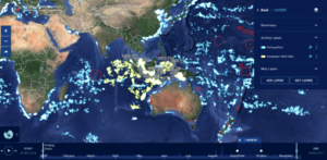 Indonesian VMS fishing activity highlighted in yellow, AIS fishing is in blue.