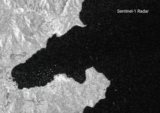 Black and white radar image showing a landmass extending into dark water, with rough textures indicating terrain; “Sentinel-1 Radar” is labeled in the top right corner.