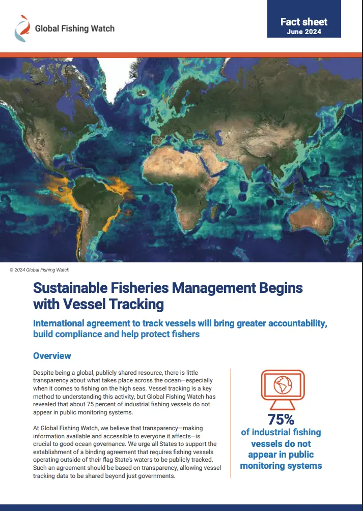 An informational flyer from Global Fishing Watch with a colorful world map, headline about sustainable fisheries and vessel tracking, a summary, and a graphic stating 75% of industrial fishing vessels lack public monitoring.