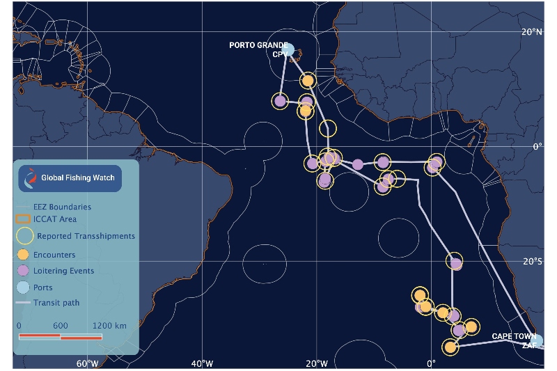 Potential encounters and loitering events of an authorized Liberian-flagged carrier vessel