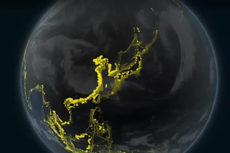 Dark globe showing East Asia with bright yellow network lines highlighting countries like Japan.