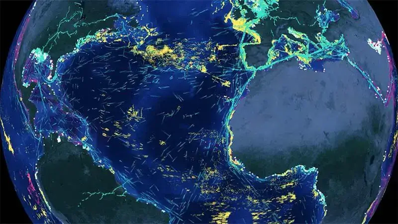 Map of the globe highlighting human activity at sea