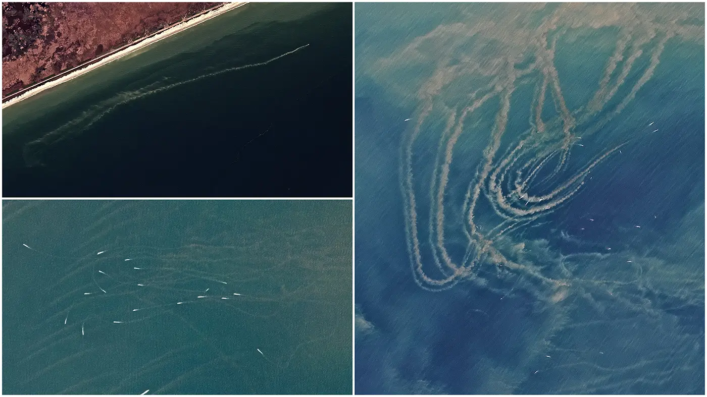 Las fotos aéreas muestran las estelas blancas y los remolinos dejados por los barcos que se desplazan por el agua azul verdosa cerca de una costa, creando intrincados patrones en la superficie del mar.