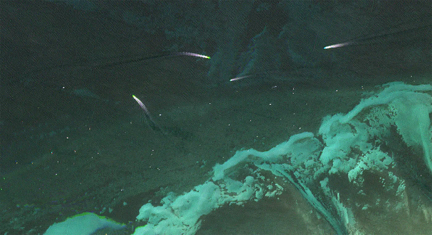 Una imagen de satélite muestra cuatro rayas brillantes de luz, probablemente misiles, que se desplazan sobre una zona oscura cubierta de nubes, con algunos tonos verdosos y blancos que indican la presencia de tierra y agua debajo.