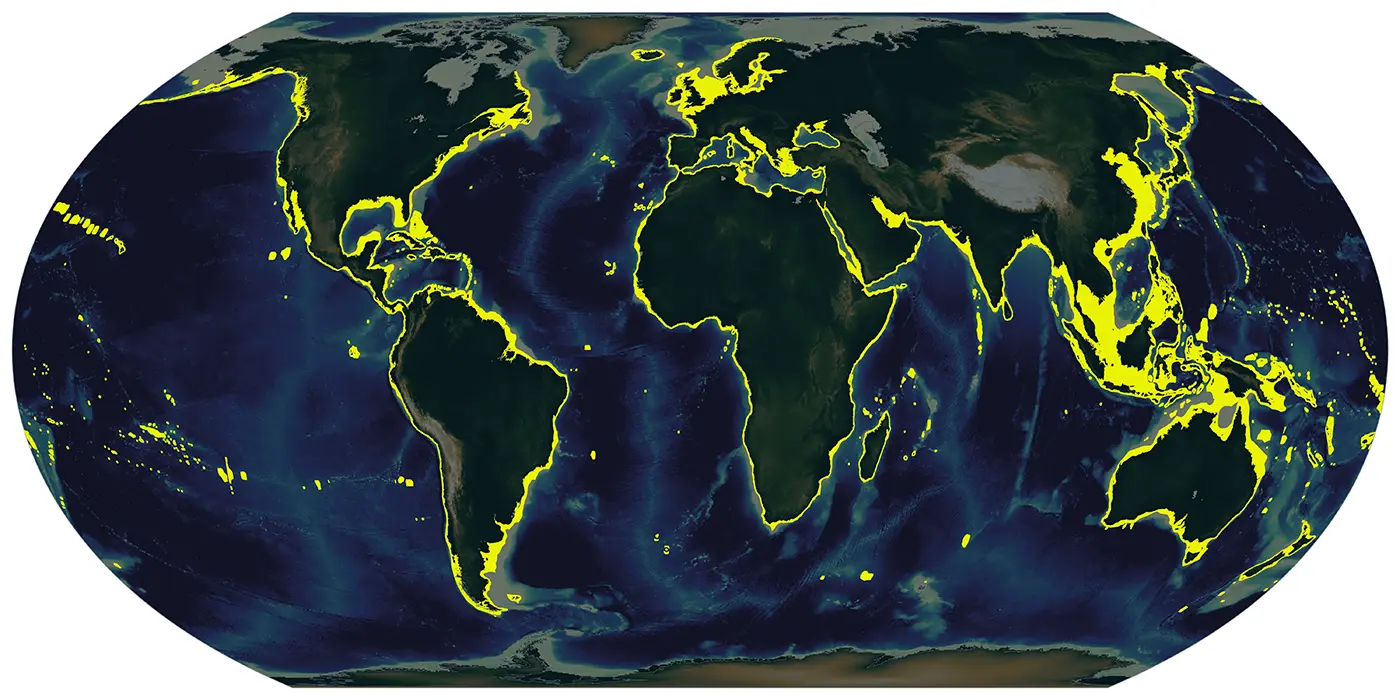 A full color physical global map showing coastal regions, with areas Global Fishing Watch uses Planet imagery for vessel detections highlighted in bright yellow.