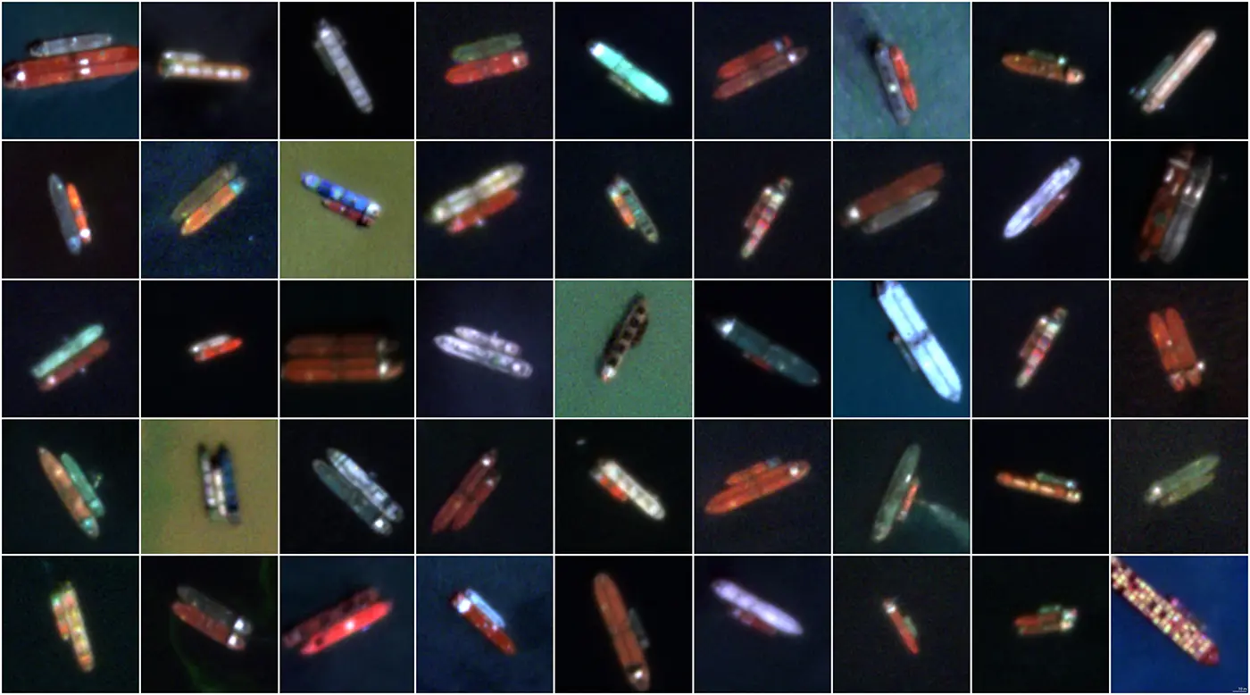 Una cuadrícula de imágenes de satélite muestra varios barcos en el mar, cada uno visto desde arriba y que difieren en color, tamaño y orientación sobre fondos oceánicos azules y verdes.