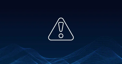 White warning triangle with exclamation mark on dark blue background with abstract blue wave accents.