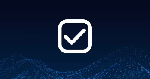 White checkmark in rounded square on dark blue background with abstract blue dotted wave pattern.