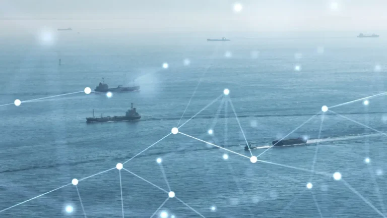 Several cargo ships on a calm sea with a digital network overlay of connecting lines and dots, representing maritime technology or communication—illustrating how a python package can enable advanced data exchange and connectivity within the shipping industry.
