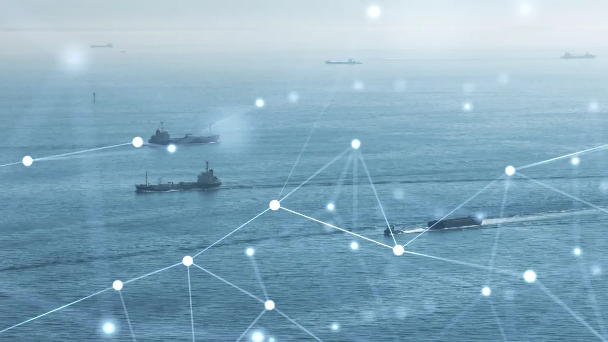 Several cargo ships on a calm sea with a digital network overlay of connecting lines and dots, representing maritime technology or communication—illustrating how a python package can enable advanced data exchange and connectivity within the shipping industry.