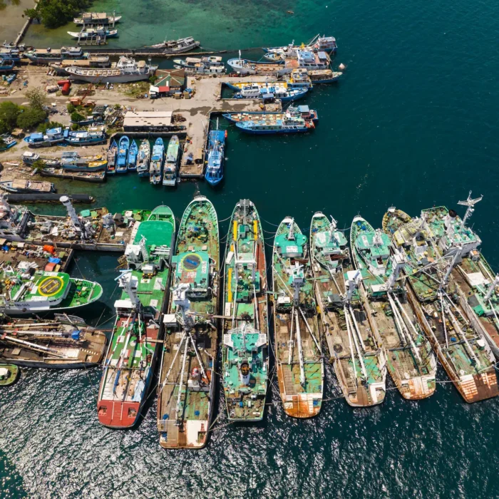 Aerial view of multiple fishing boats docked closely together at a busy harbor within Cocos Island National Park, with more boats and equipment visible on the shore nearby.