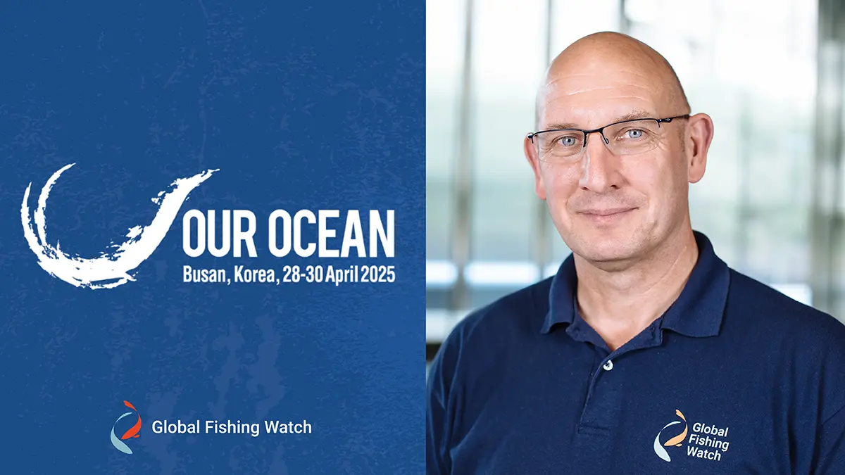 Split image: Left side shows OUR OCEAN Busan, Korea, 28-30 April 2025 with a wave graphic and Global Fishing Watch logo; right side shows a man in glasses and a Global Fishing Watch shirt, smiling at the camera.